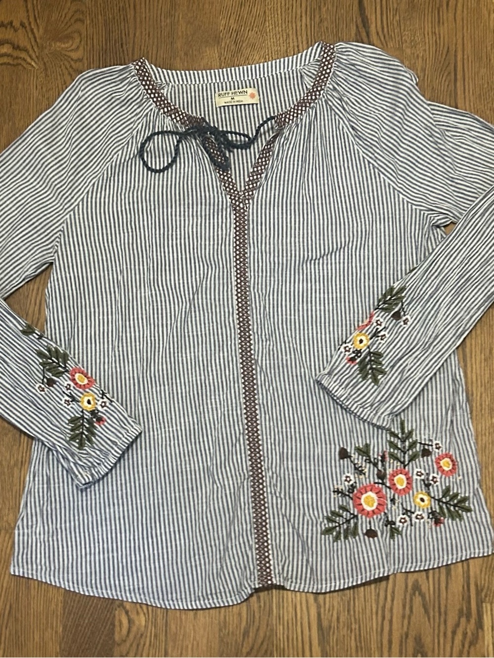 Ruff Hewn Navy & White Striped Embroidered Peasant Top 236